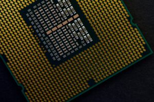 Close-up of CPU pins on a dark background