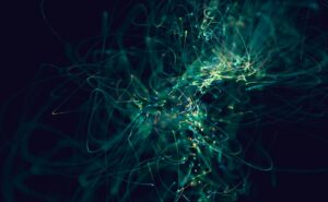 Glowing filaments resembling neurons on dark blue