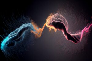 Particle swirl in blue and orange on black