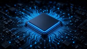 Chip on a circuit board radiating blue energy lines