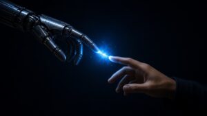 Robot hand and human hand meeting with a spark of blue light