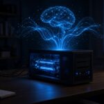 Home server with a holographic blue brain rising above it