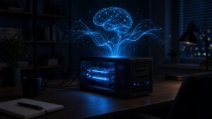 Home server with a holographic blue brain rising above it