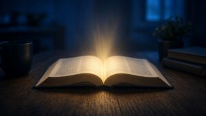 Open Bible glowing with warm light on a dark desk