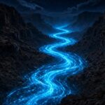 Glowing blue river of living water winding through a dark canyon