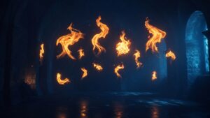 Tongues of fire hovering in a dark blue stone hall