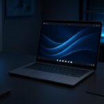 Laptop with a dark blue desktop in a dim lab