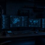 Ninja-themed hacker workstation with glowing monitors and a katana