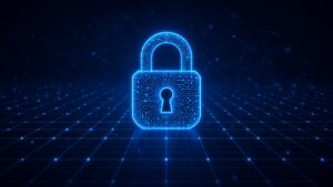 Padlock made of glowing blue circuitry over a grid
