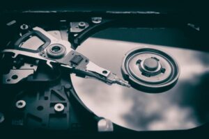 Open hard drive platter and read head