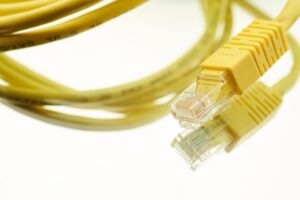 Yellow Ethernet cable with RJ45 connector