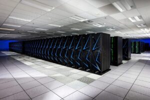 Rows of server cabinets in a large hall