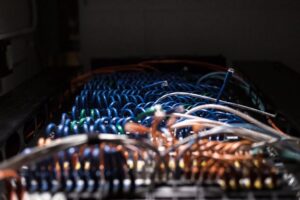 Top view of switches and cabling in a rack
